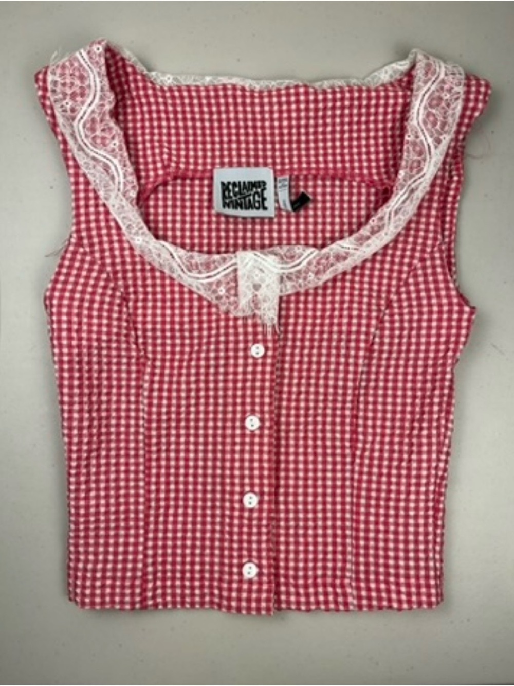 Reclaimed Vintage Red Gingham Crop Top Lace Trim NWOT cottage core size 4